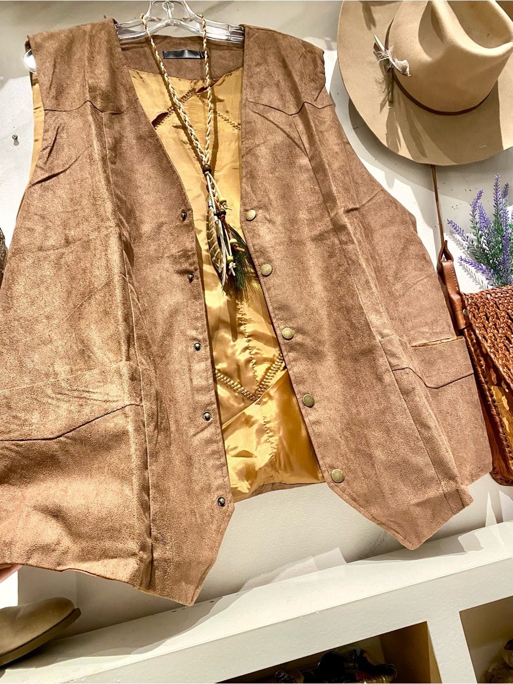 Upcycled Quilted back detailing on vegan suede boho vest rustic cottagecore vibe - Picture 12 of 16
